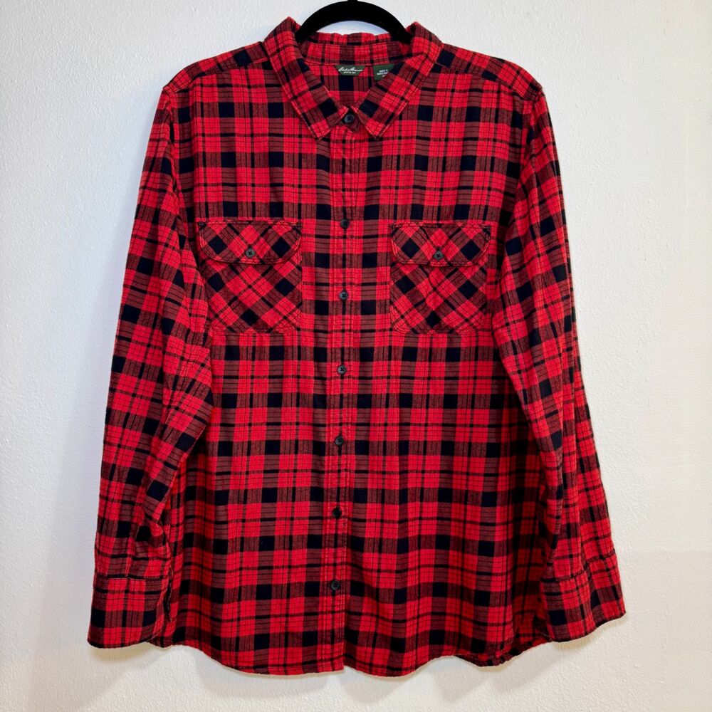 Eddie Bauer Womens XXL Red Black Plaid Flannel Shirt 100% Cotton Long Sleeve